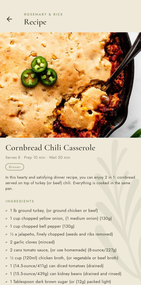 The recipe screen: a large photo, the recipe name, serves and times, a Dinner tag, a description, and the ingredient list.