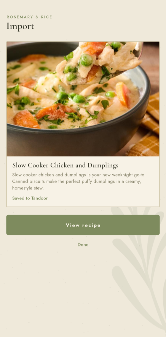 The import screen after saving: the same recipe now marked Saved to Tandoor, with a View recipe button.