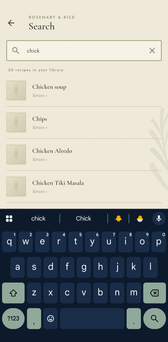 The search screen: a partial query in the search field with matching recipes listed below it, and the keyboard open.